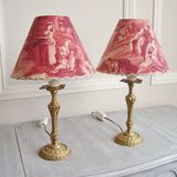 Pair of brass lamps with handmade lampshades in vintage toile de Jouy fabric