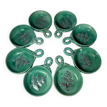 Set of 8 ceramic bowls with leaf decoration, signed Nissy Annecy, vintage