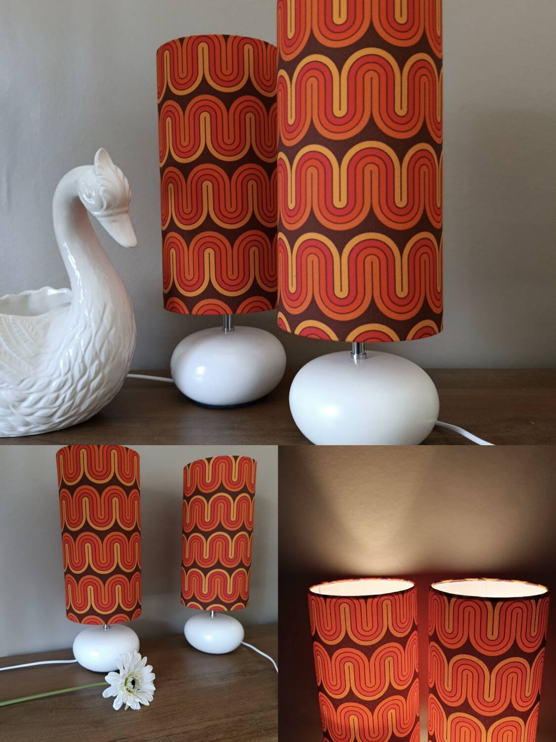 Two lamps with a seventies psychedelic wave print.