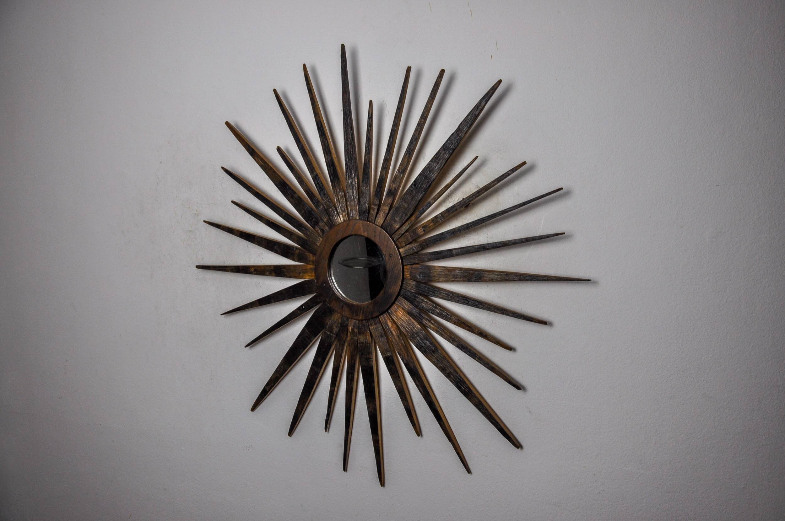 XL wooden sun mirror, France, 1960, 80 cm