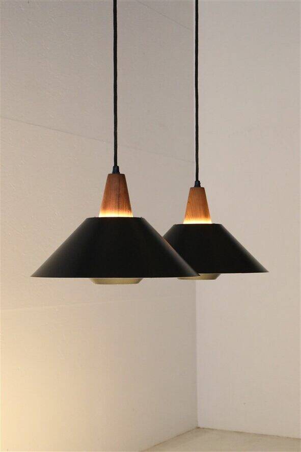 Set of 2 black mid-century pendant lamps by Elfi / 1960s / 1970s / Danish modern design