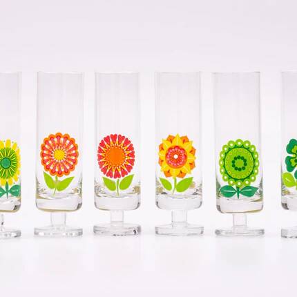 Set of 6 vintage pop art glasses with multicoloured flowers - 1970s