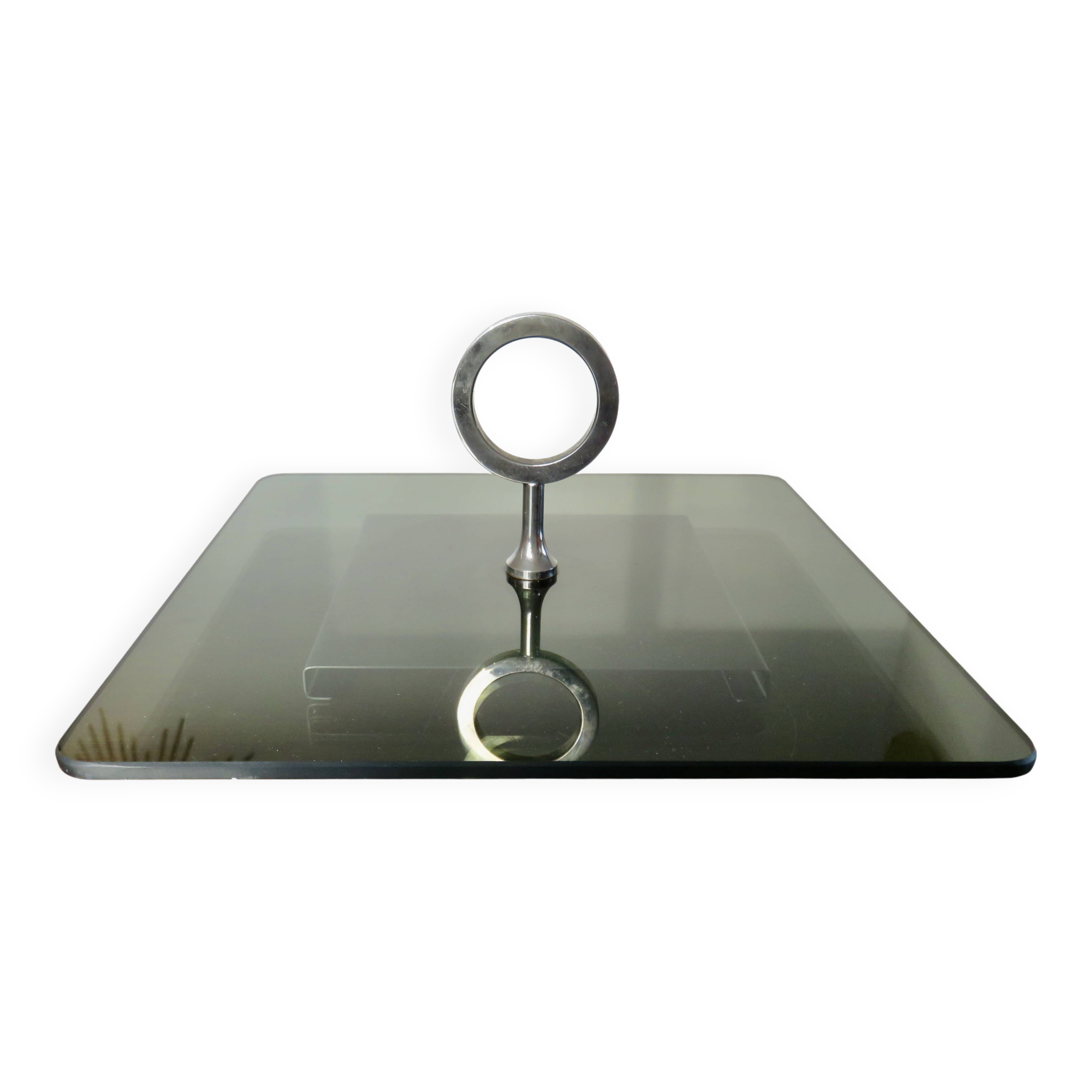 Modernist revolving serving tray, in smoked glass and silver-plated metal, 70.