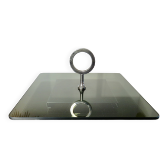 Modernist revolving serving tray, in smoked glass and silver-plated metal, 70.