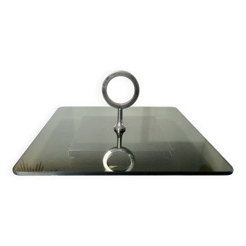 Plateau de service tournant, moderniste, en verre fumé et métal argenté, 70
