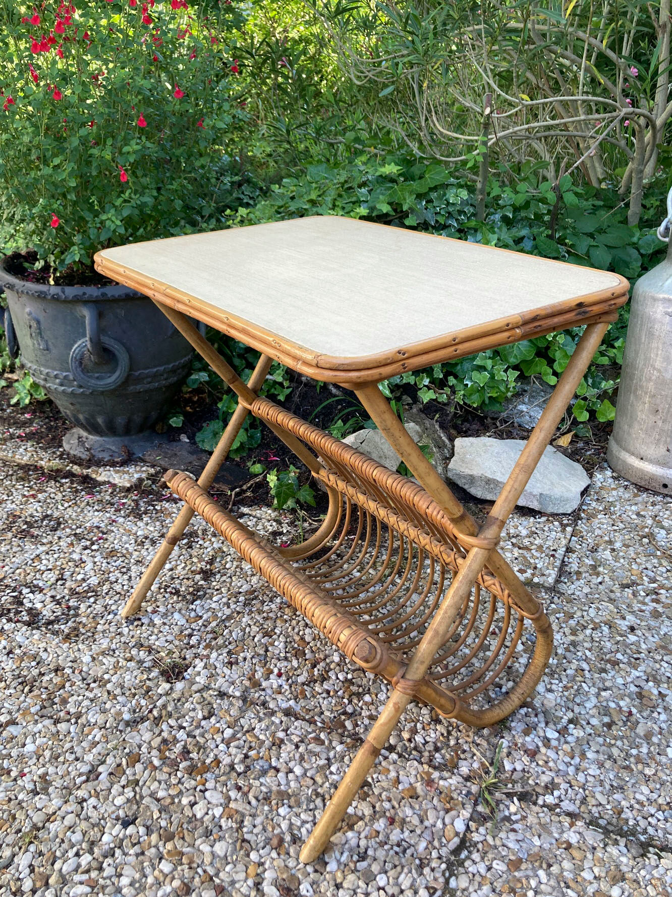 Vintage rattan magazine holder table