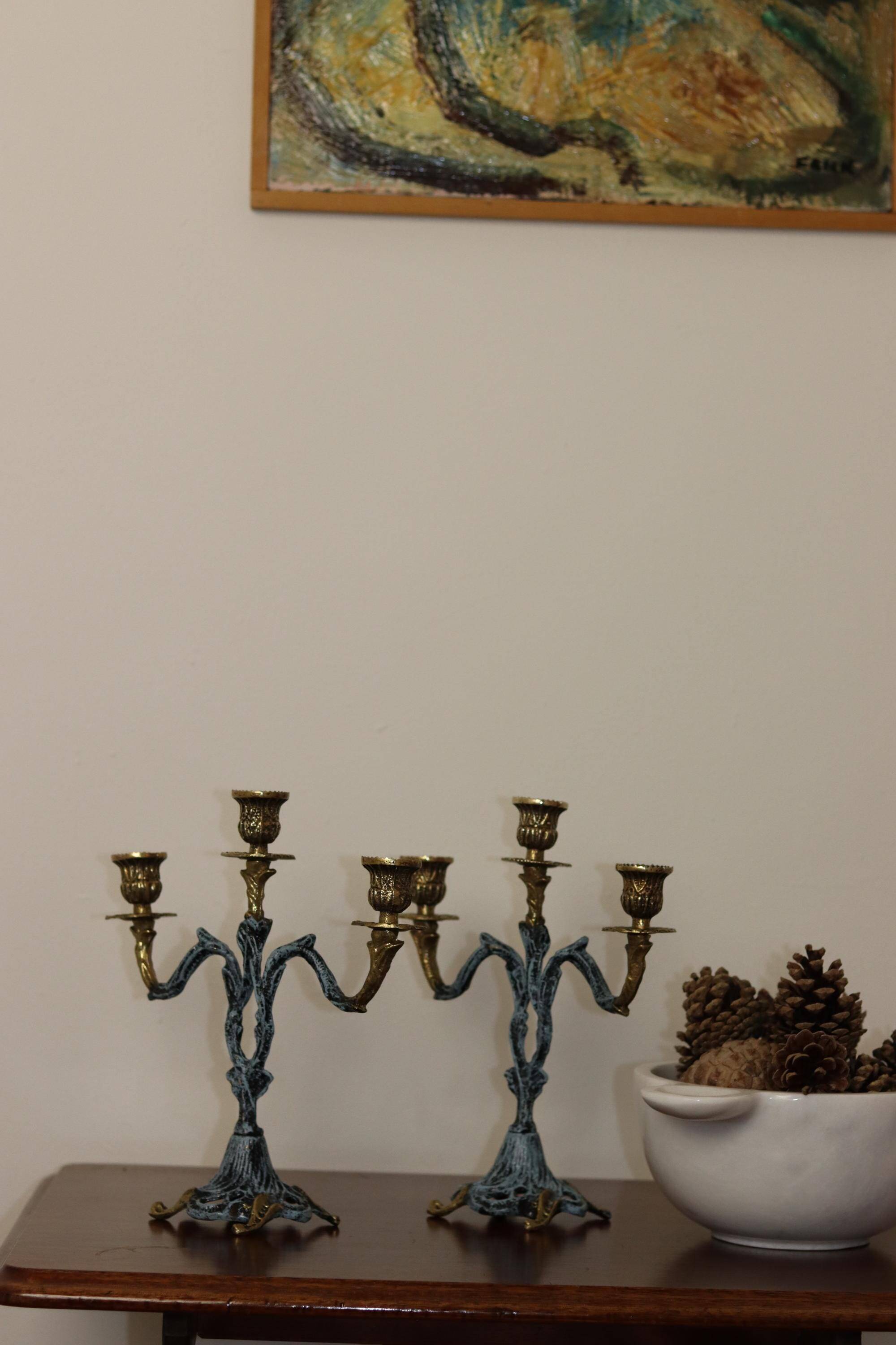 Brutalist Style Pair of Vintage Brass Candleholders