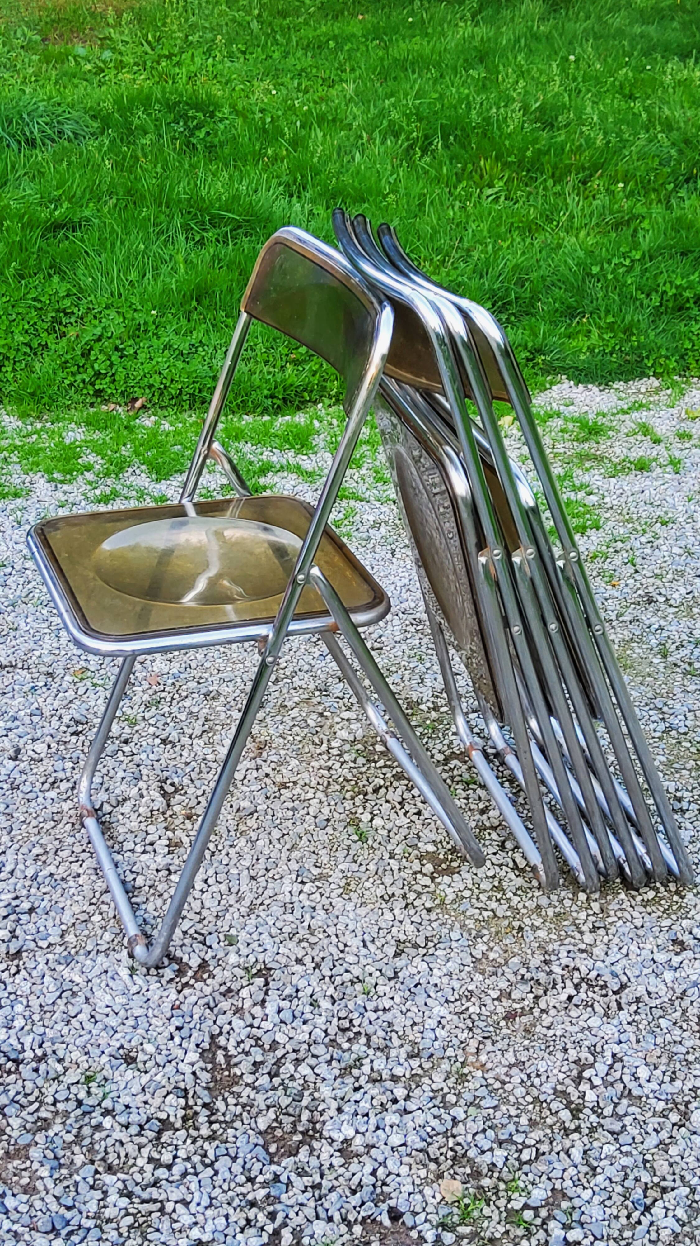 Set of 4 70s design folding chairs in smoked plexiglass and chrome metal