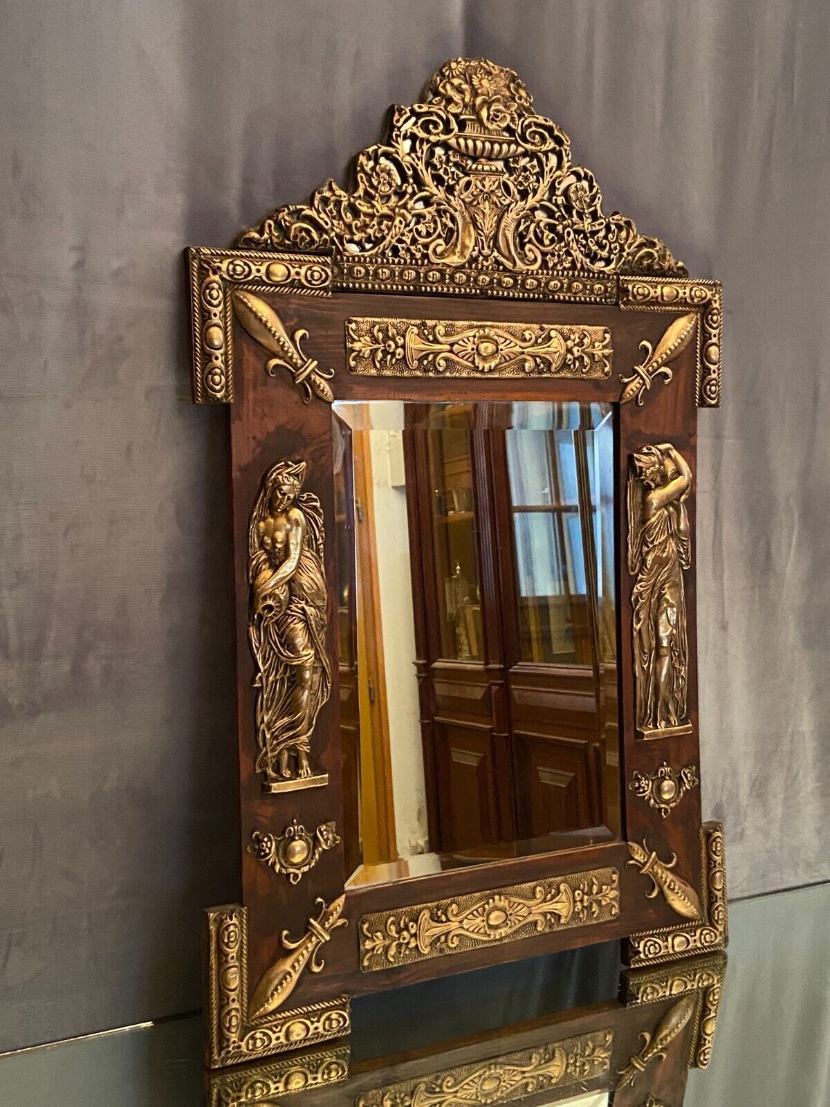 Mirror pediment nineteenth Neo classical decoration antique character brass on wood