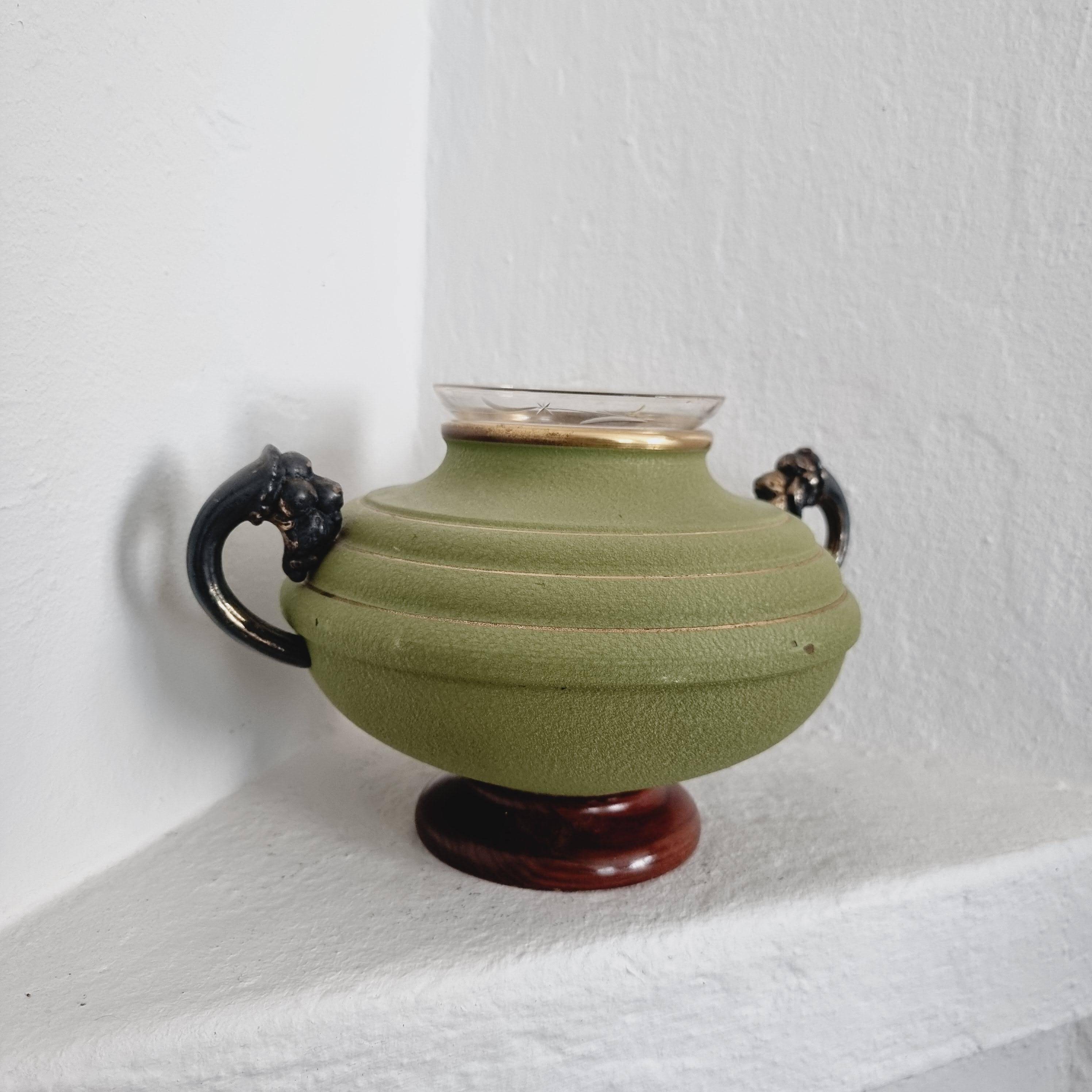 Metal, wood, and engraved glass vase. Swedish grace, 1930s.