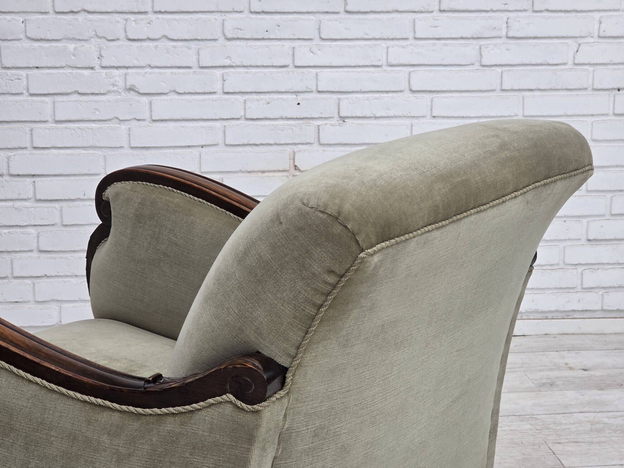1950s, Danish relax armchair, furniture velour, carved oak wood.