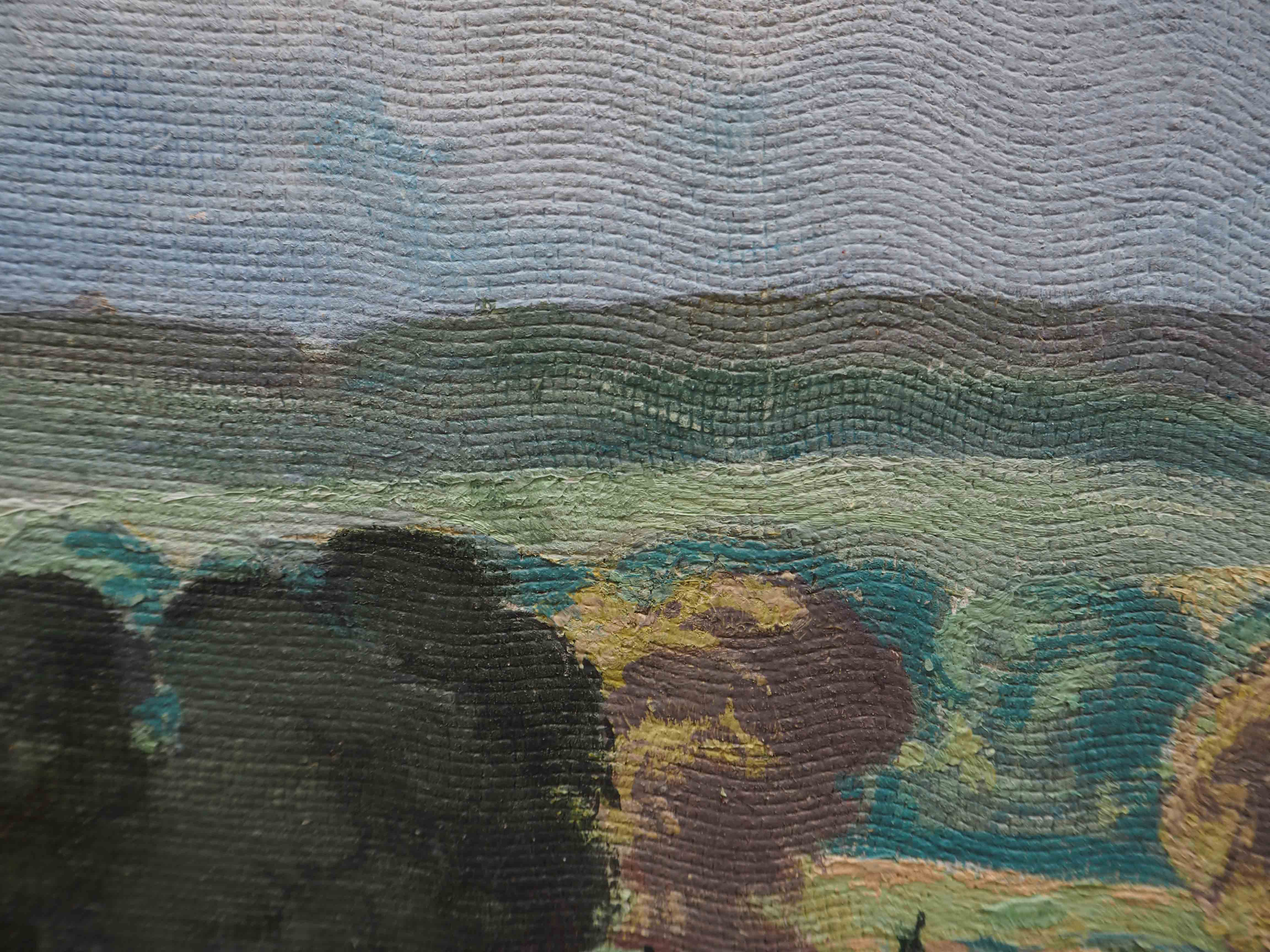 Tableau HSP Paysage ensoleillé Champs et forêts signé 1956 + cadre