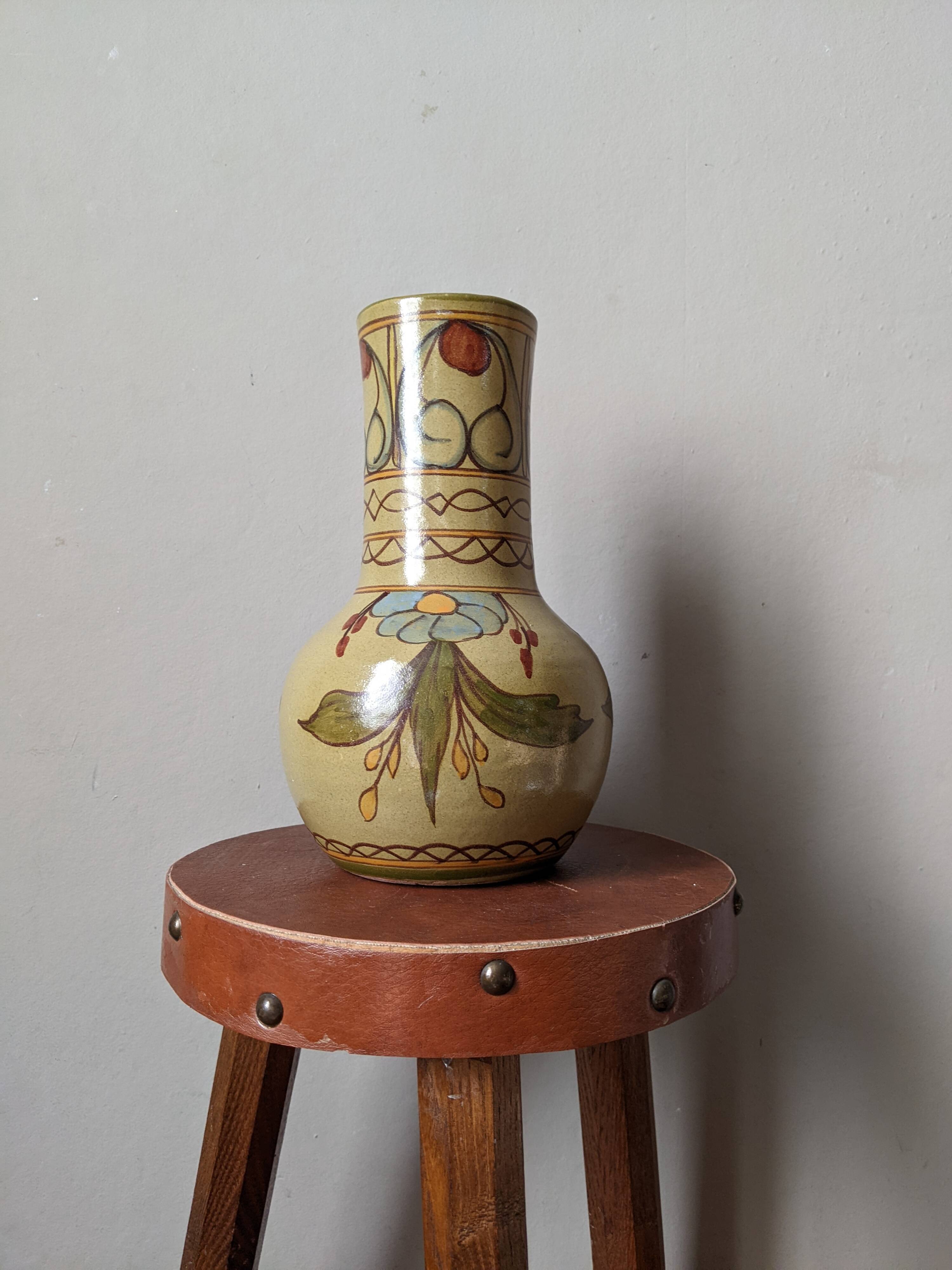 Handcrafted ceramic vase with floral decoration, Portuguese craftsmanship.