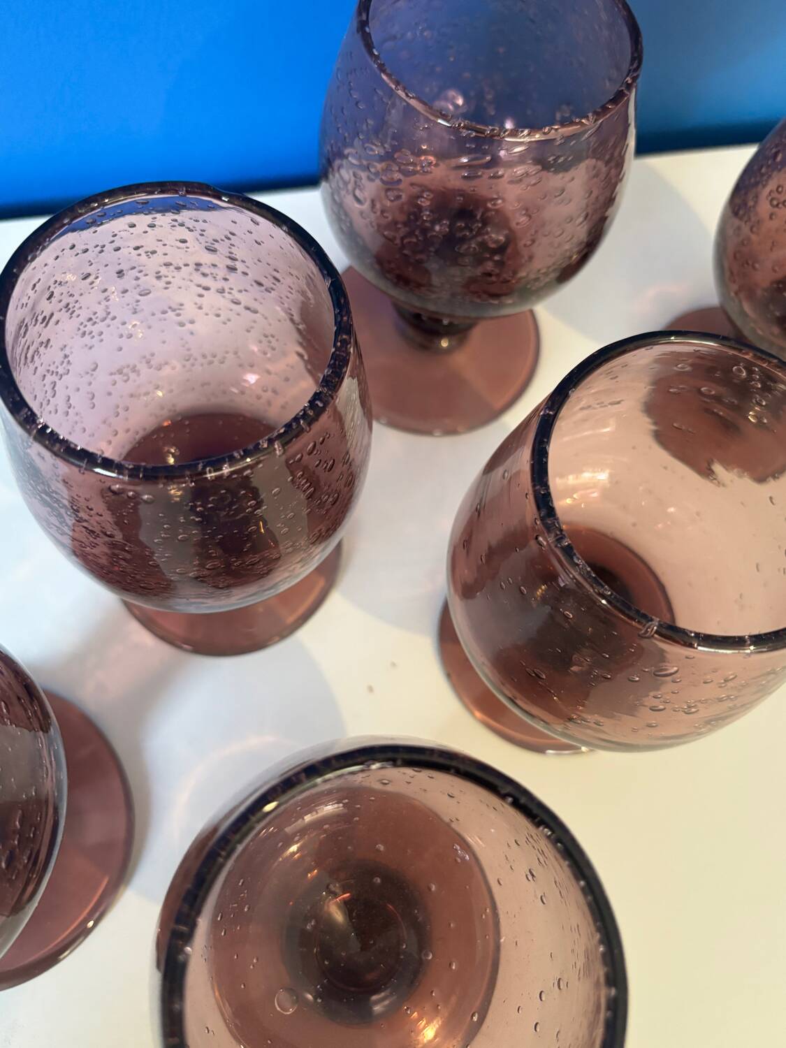 Set of 6 purple bubble glass glasses signed Biot – mouth-blown