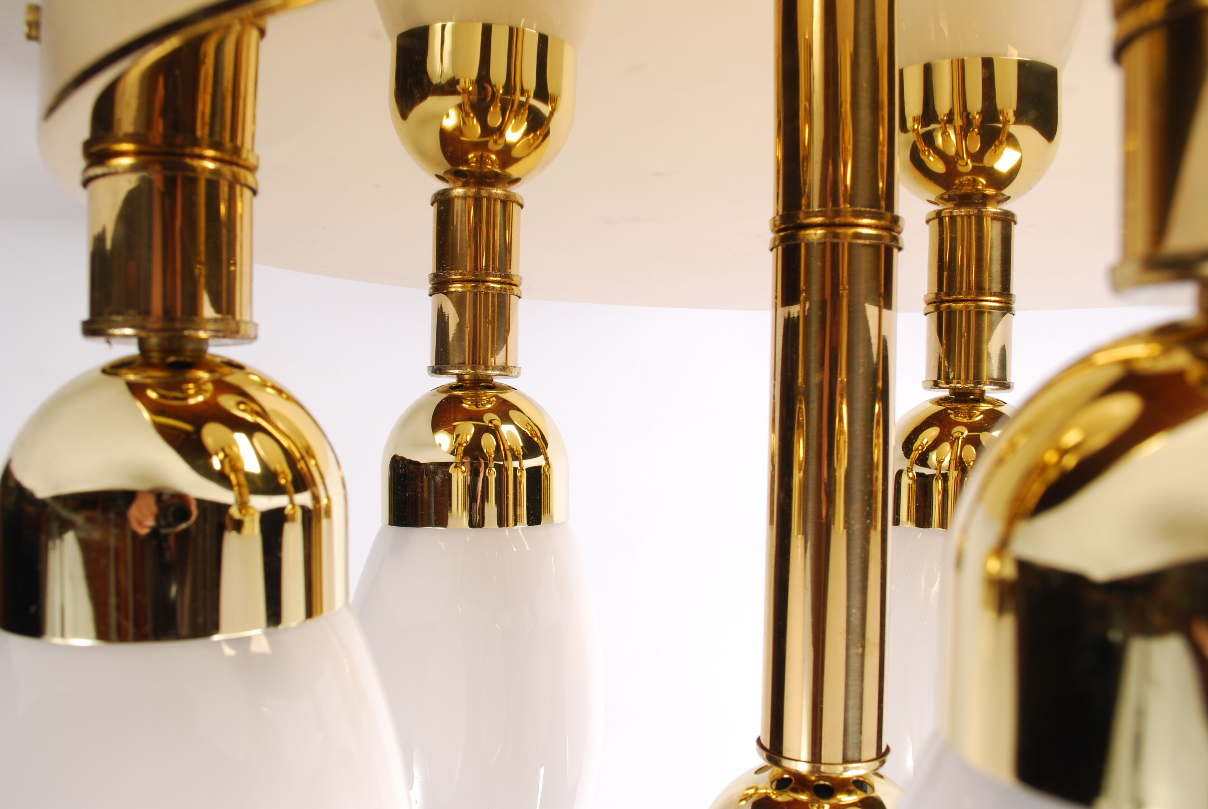 sputnik flush mount, atomic brass ceiling fixture with six opaline cone shaped globes, 1970's