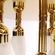 sputnik flush mount, atomic brass ceiling fixture with six opaline cone shaped globes, 1970's