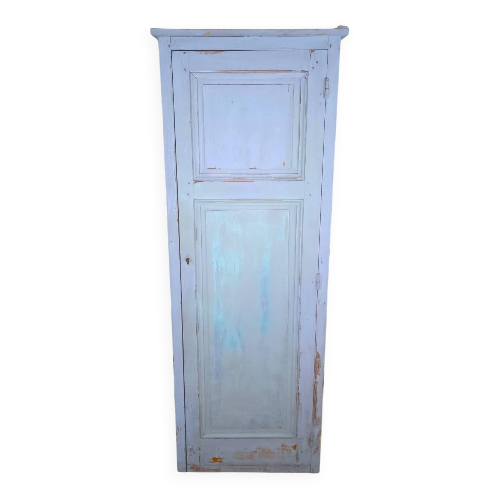 Rustic antique bonnetière in weathered blue-grey wood.