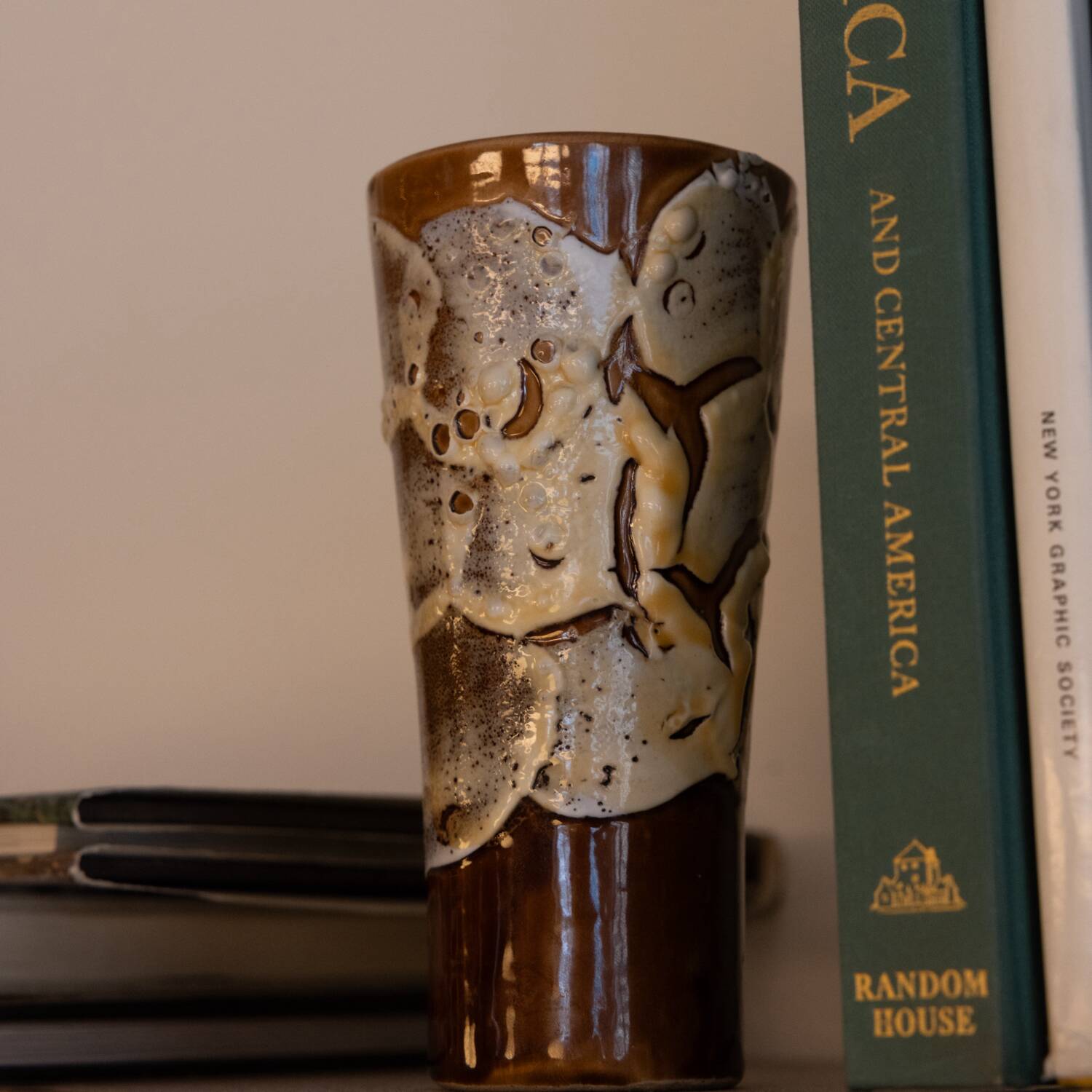 Small ceramic vase with textured details, brown tones, 1970s