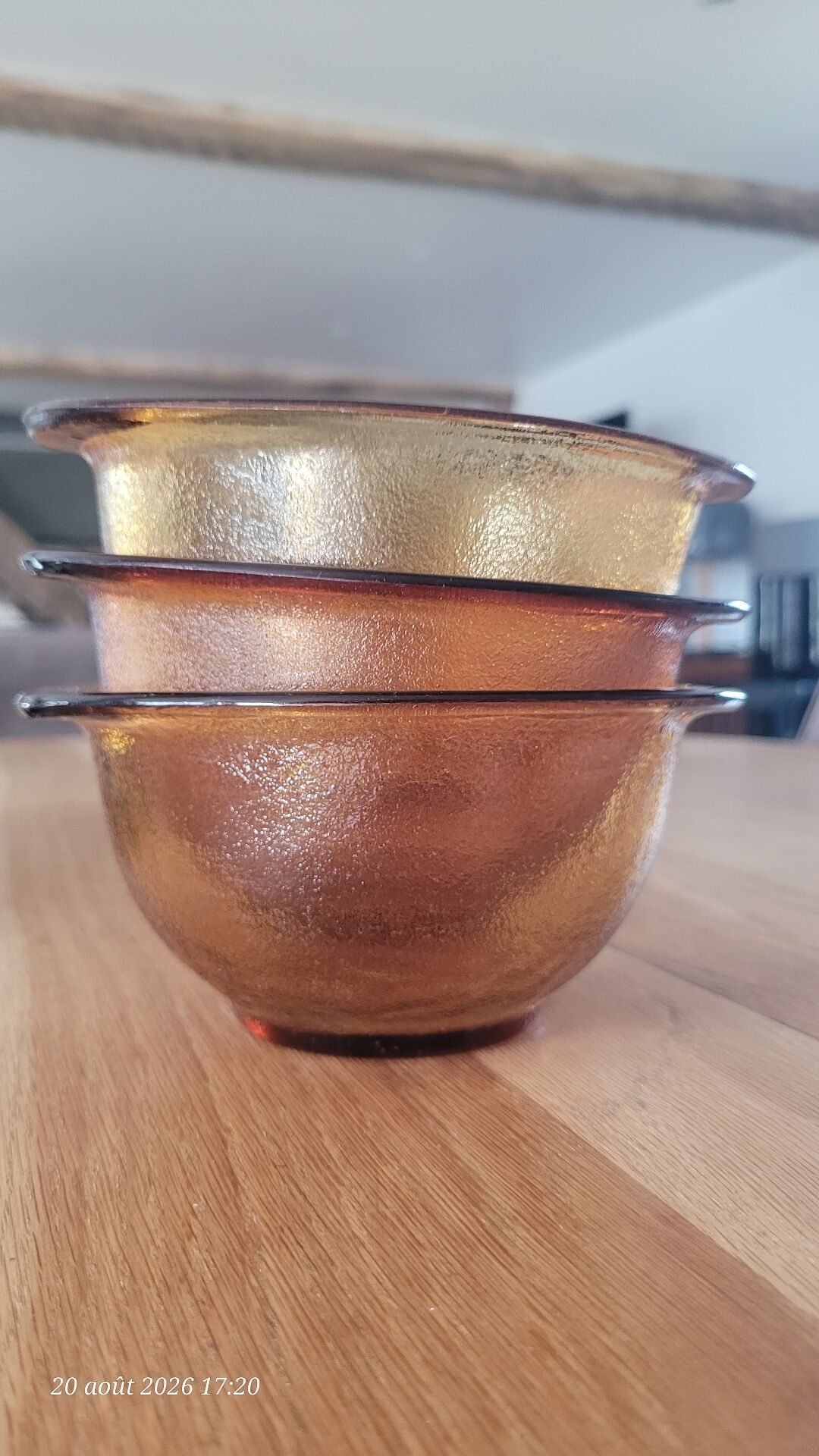 3 frosted glass bowls, amber