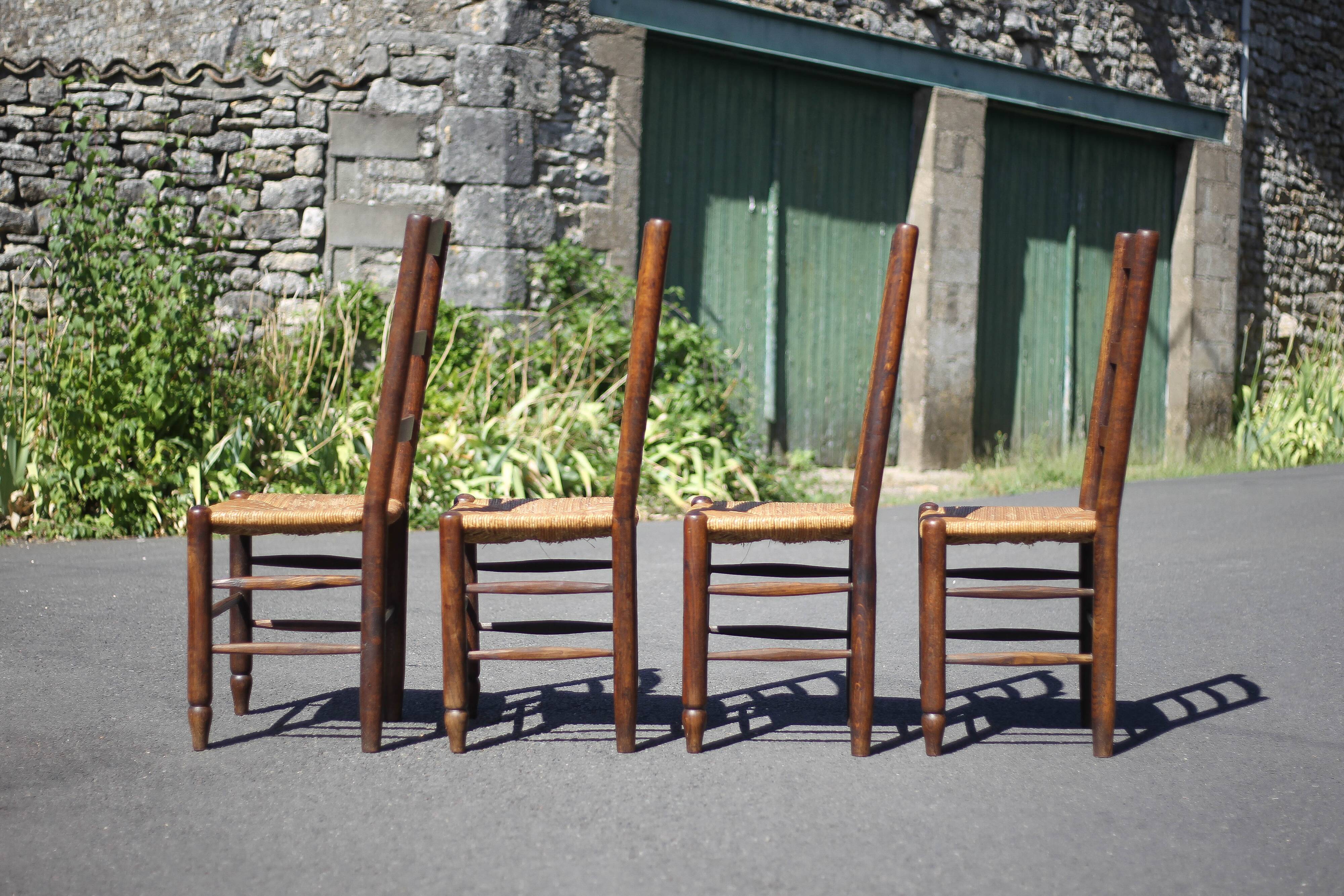 Set of 4 wooden and straw chairs, wooden chair, straw chair, countryside, chalet