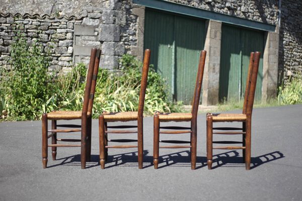Lot de 4 chaises bois et paille, chaise bois, chaise paillée, campagne, chalet
