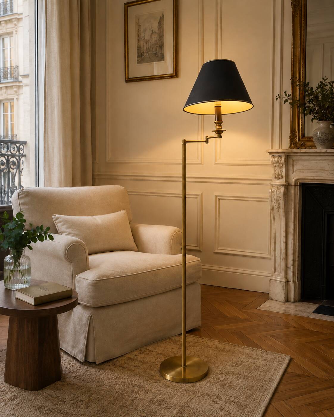 Brass reading floor lamp, adjustable arm, vintage anthracite shade.