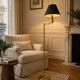 Brass reading floor lamp, adjustable arm, vintage anthracite shade.