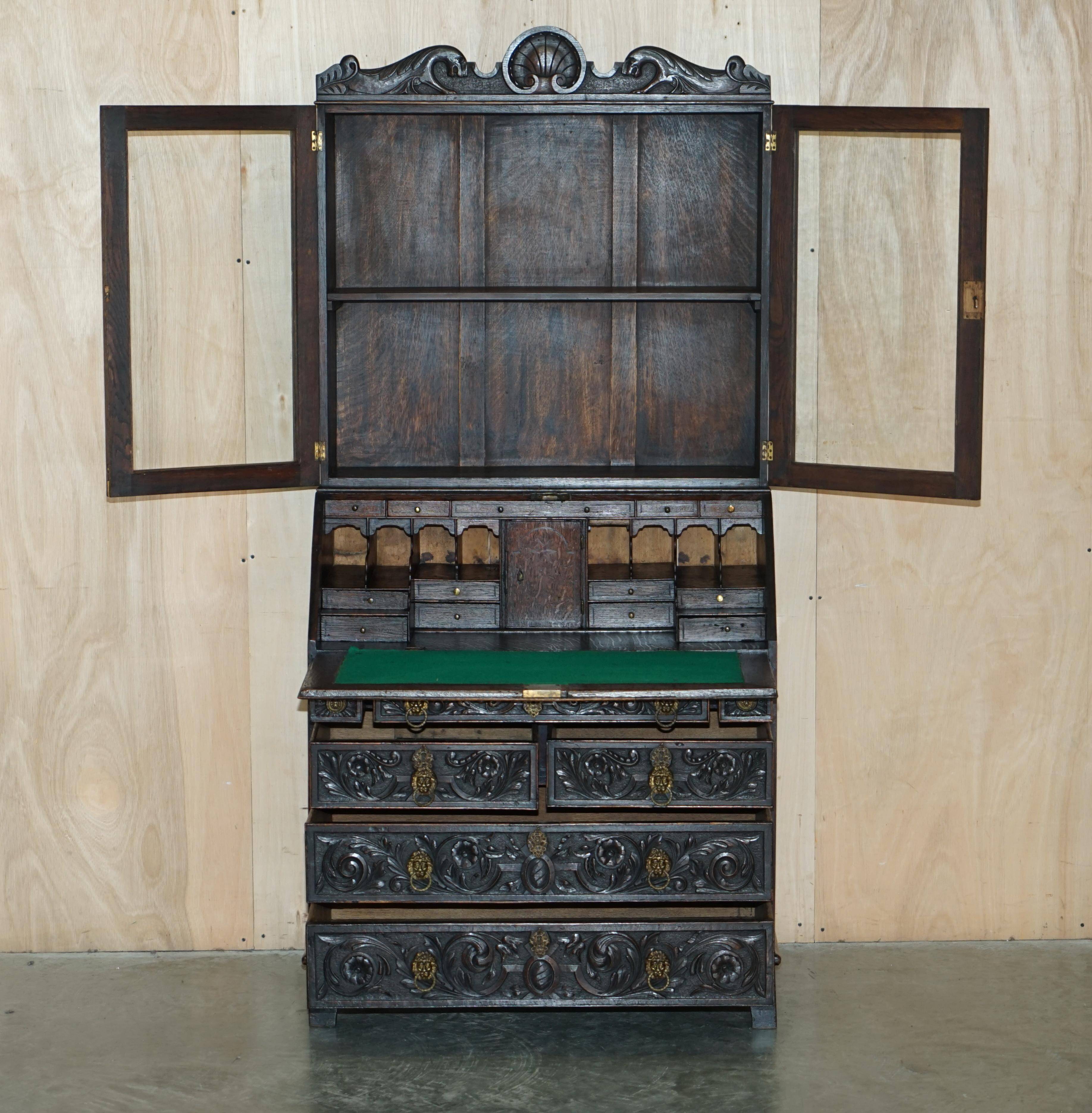 Library Desk in Carved Oak with Brass Handles