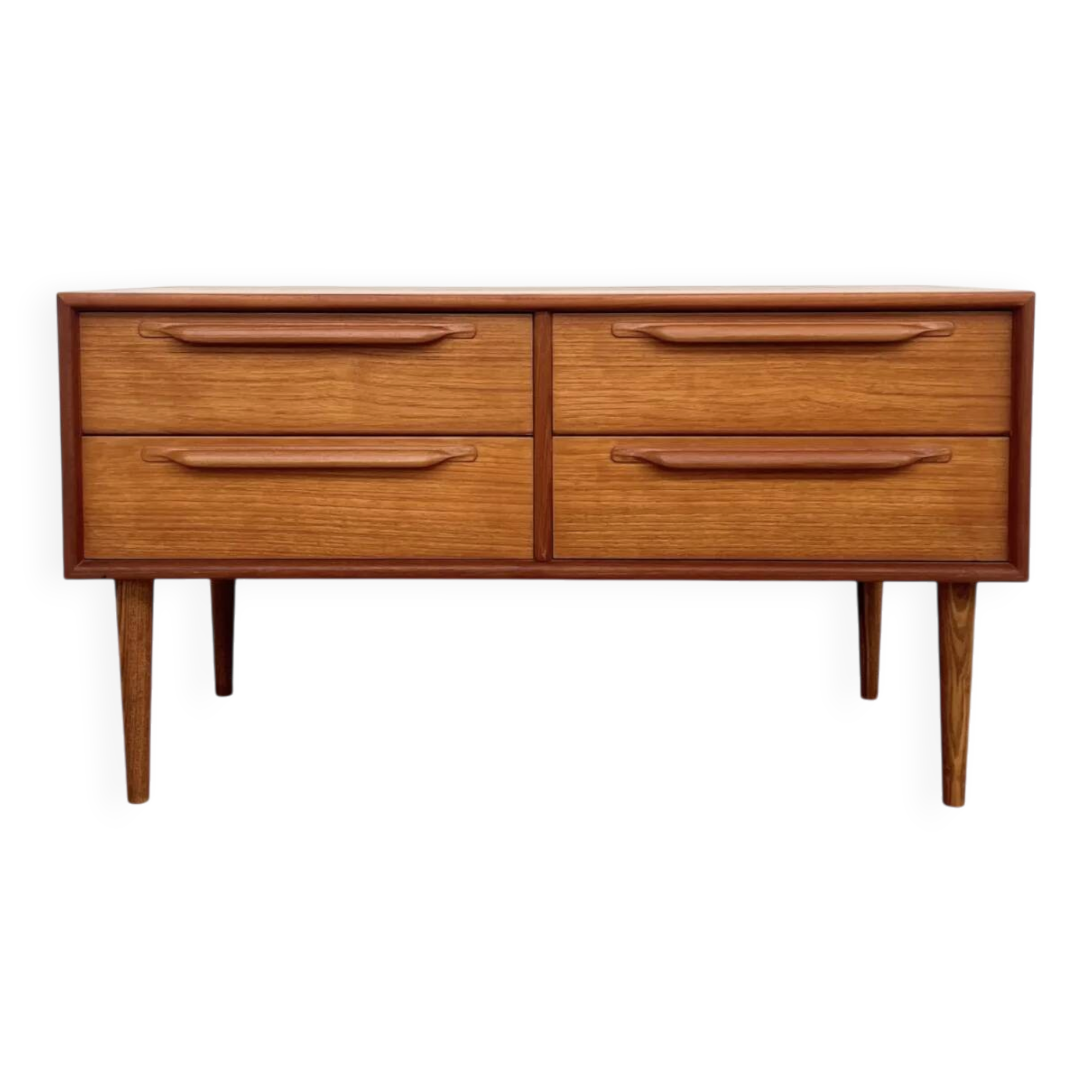 Lowboard teak 4 drawers — Mid-century lines, tapered legs, 1960s