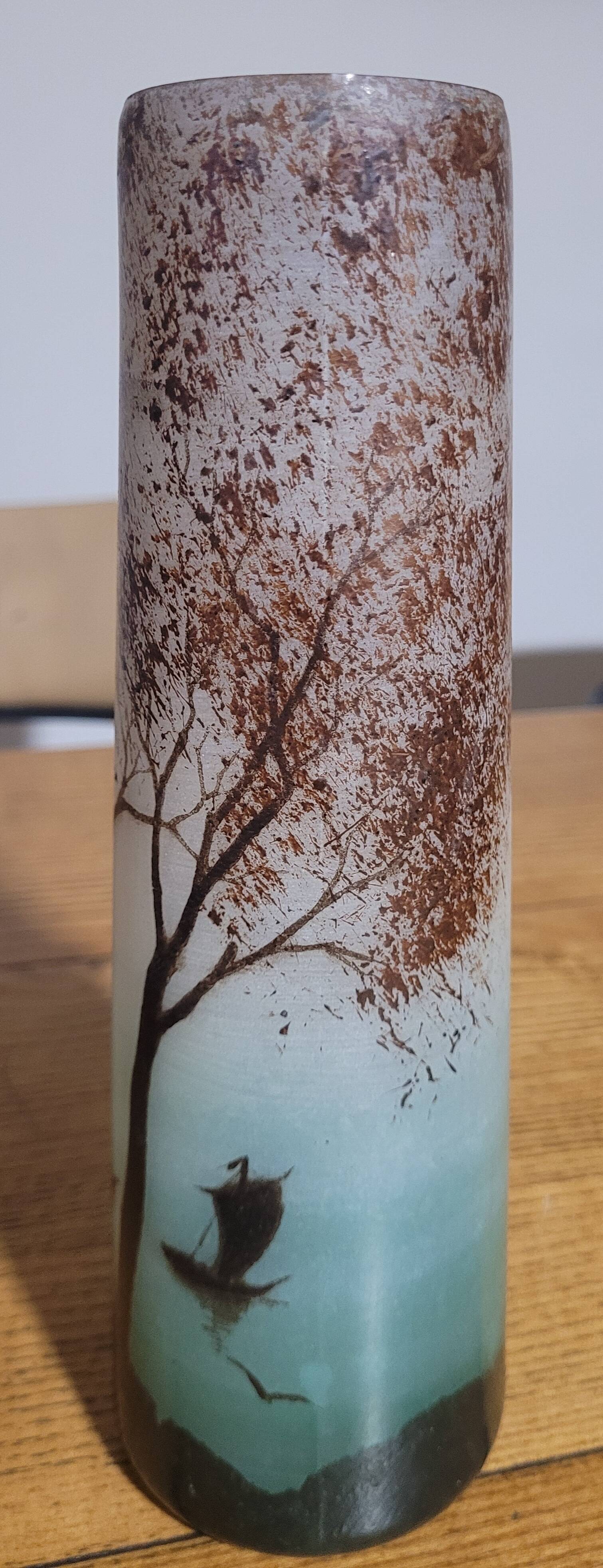 Frosted glass vase, painted Art Deco, signed.