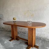 Honey-Brown Beech Wood Mid-Century Dining Table with Rattan Accents, 1960 Oval Top