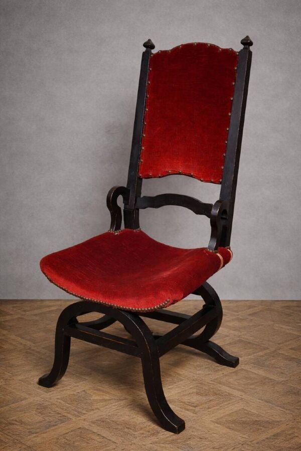 Fauteuil ancien style néo-Renaissance italienne / Savonarole – velours rouge – bois noirci
