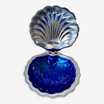 Beurrier vide poche coquillage métal et verre bleu années 60-70