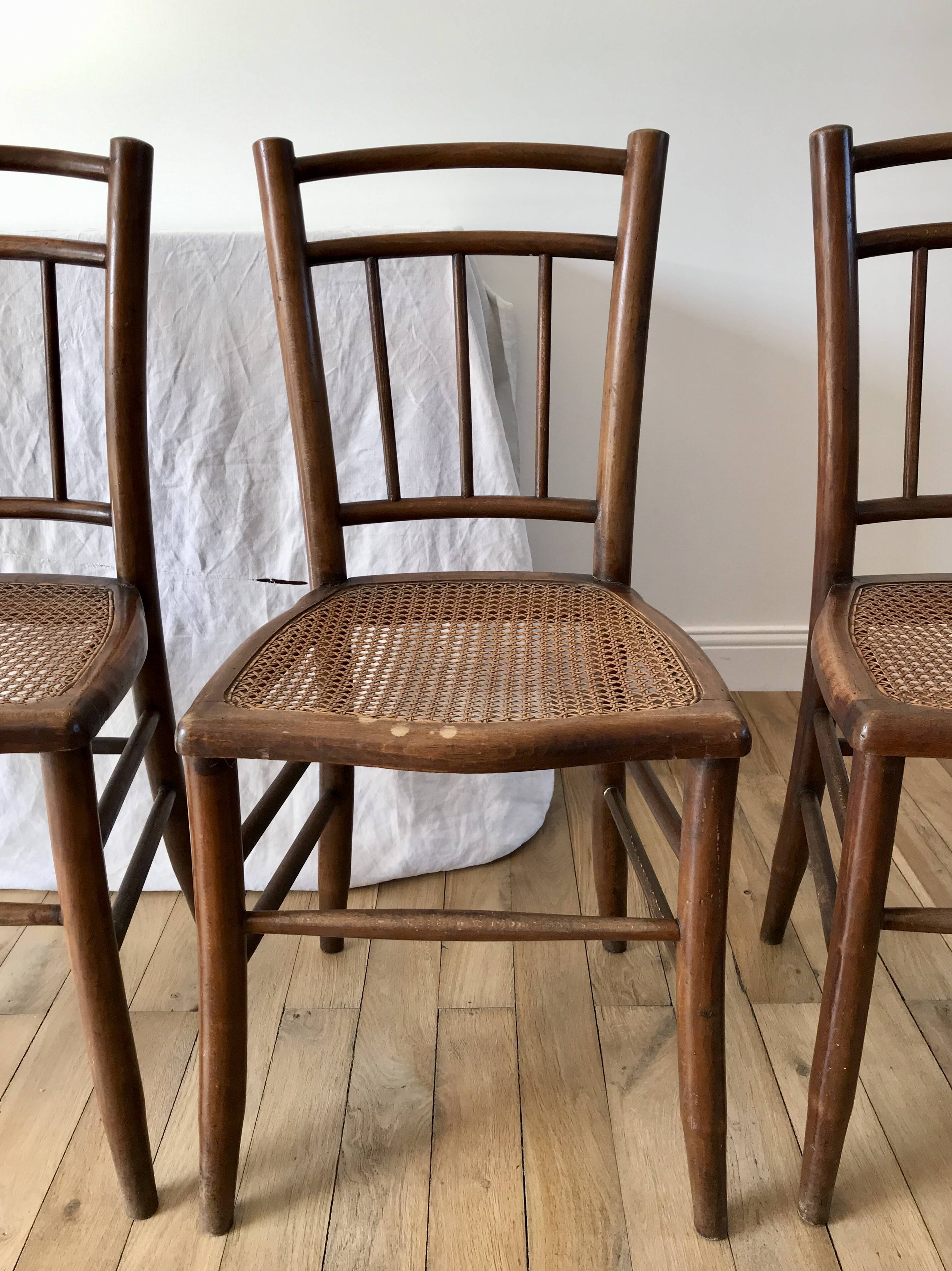 set of 4 bistro chairs in turned wood and canework stamped early 20th century