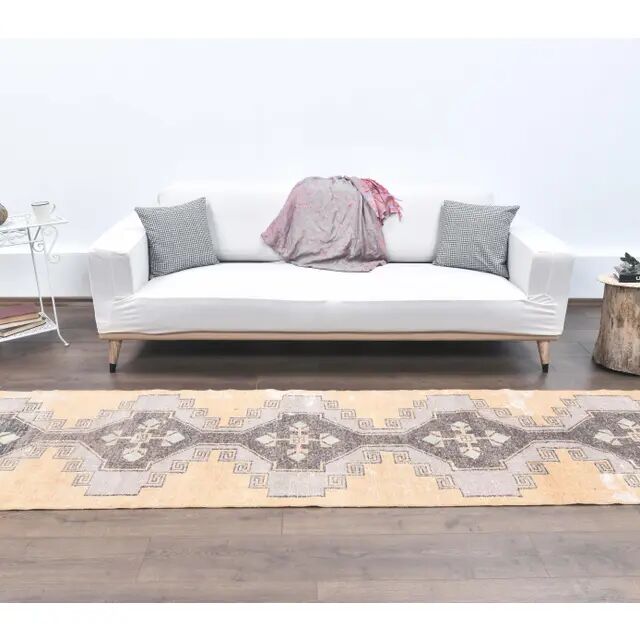 Natural Vintage Geometric Turkish Hand-Knotted Runner Rug 80x341