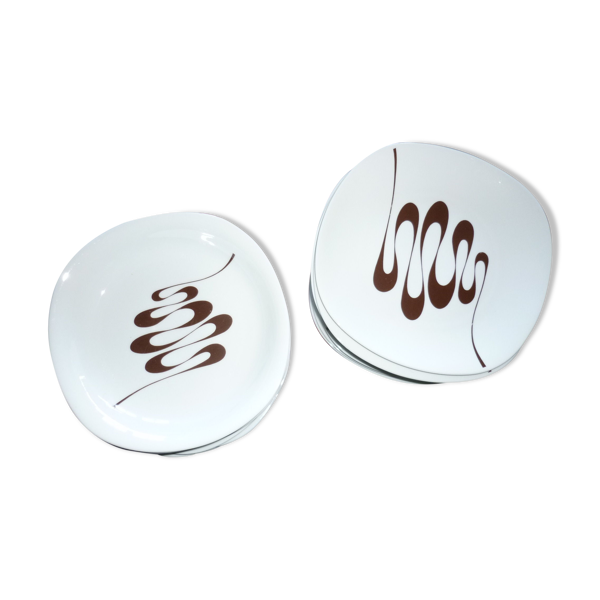 Set de 6 assiettes plates du service Slalom en porcelaine 70s