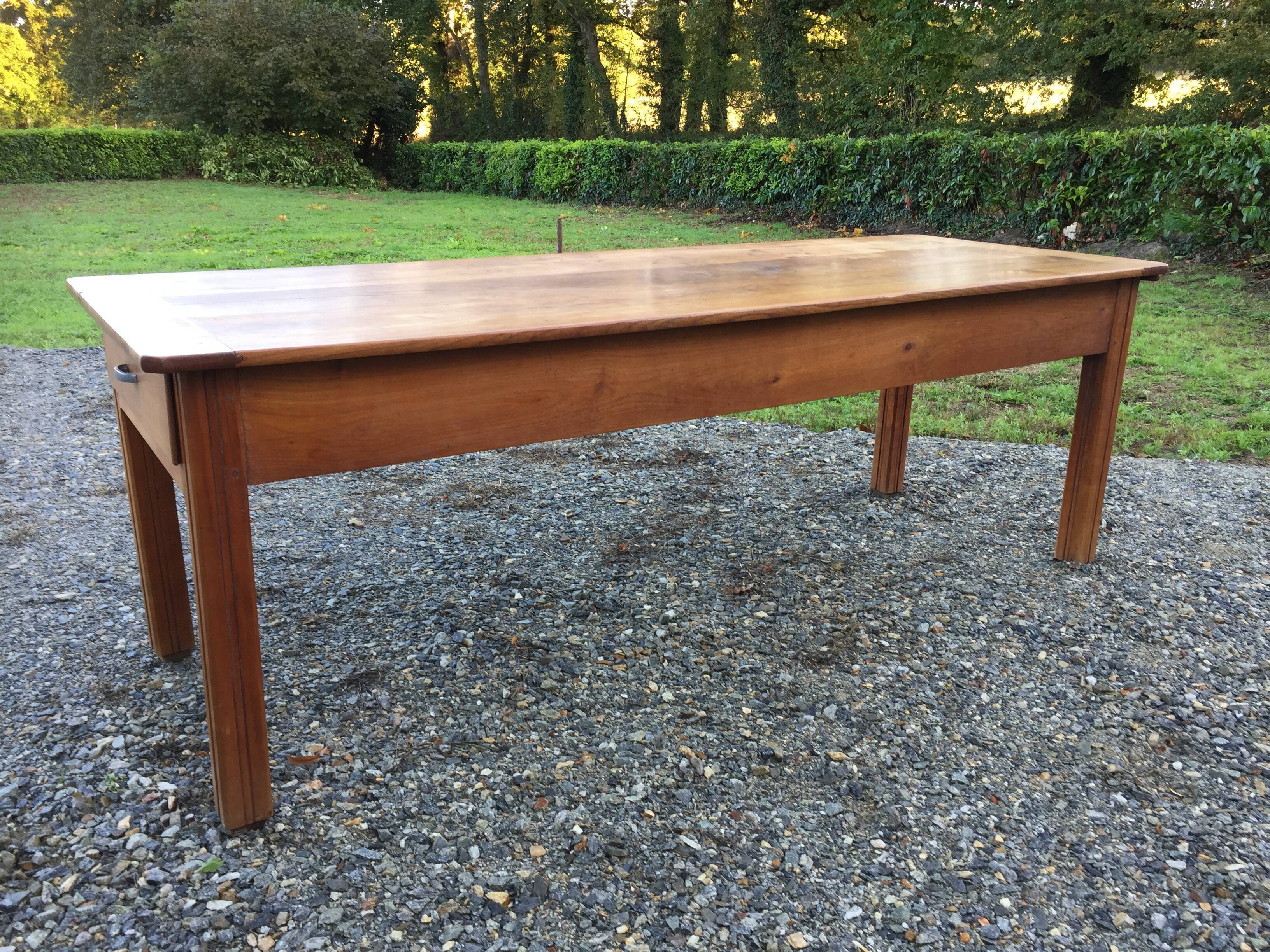 Vintage solid cherry farm table with 2 drawers and 1 bread pull.