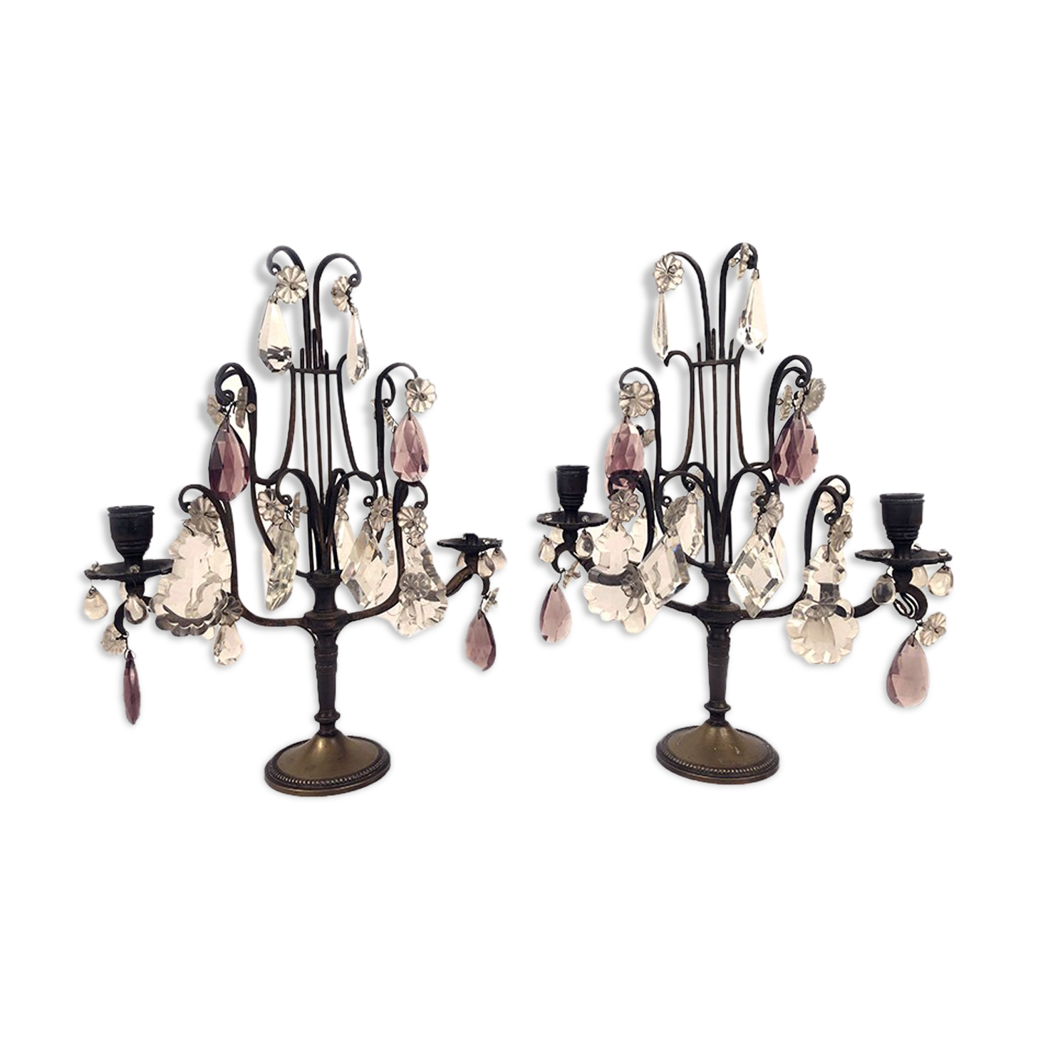 Pair of girandoles with transparent and purple tassels, 19th century