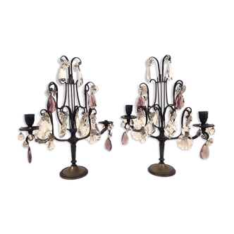 Pair of girandoles with transparent and purple tassels, 19th century