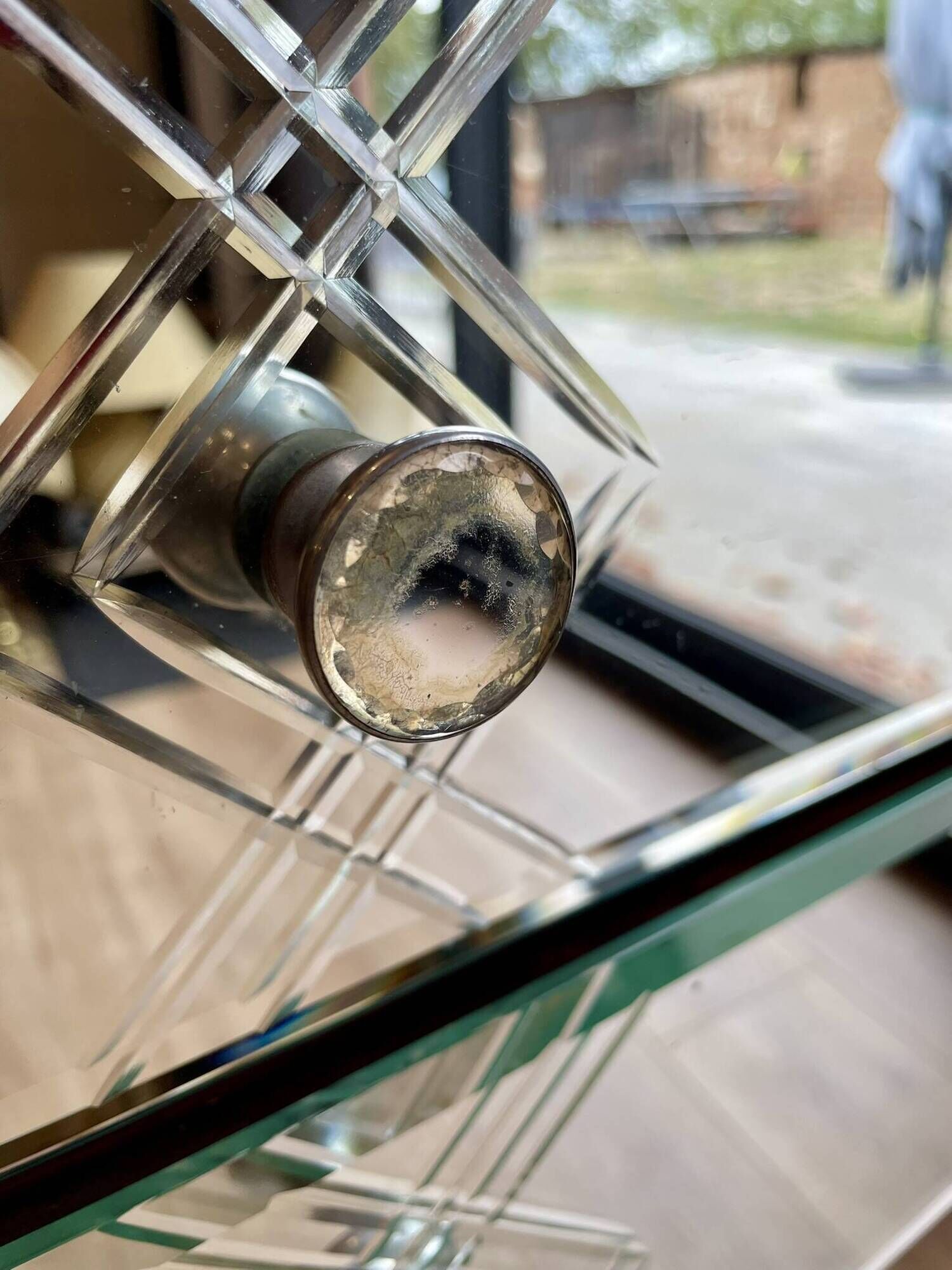 Small entrance chest of drawers or antique bedside table with engraved mirror.