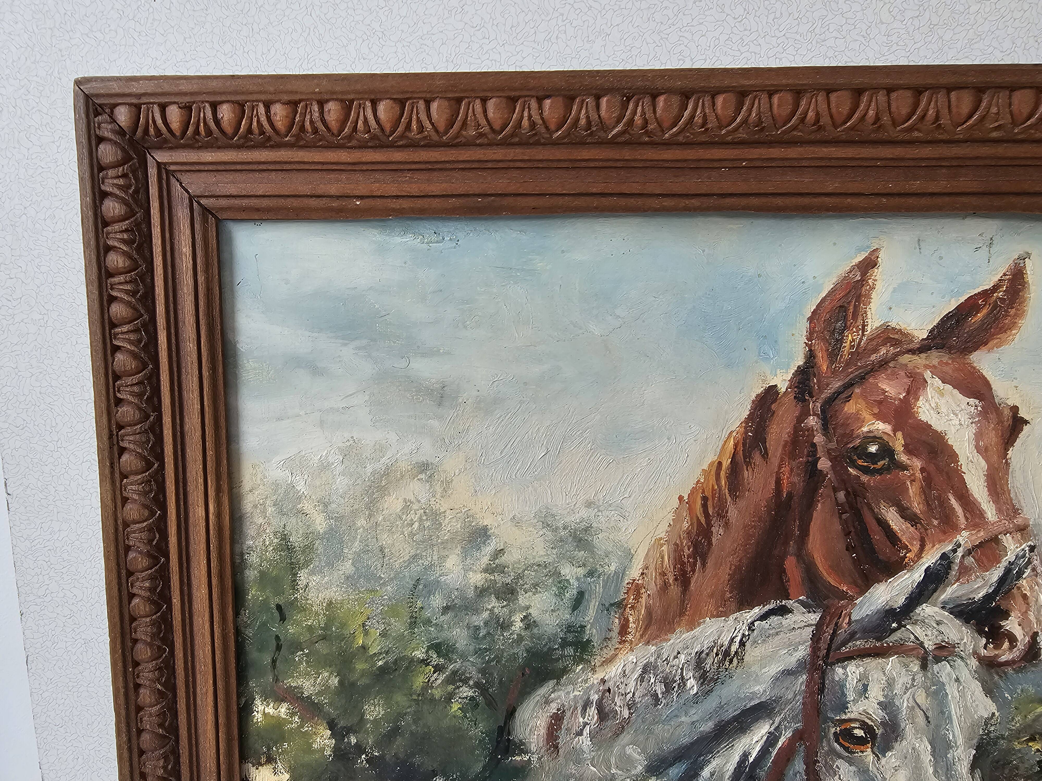 Oil painting on hardboard - Horses Signed SL (Signature to be identified)