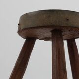 Brutalist French 1850s solid oak tripod stools with metal rim, set of 4
