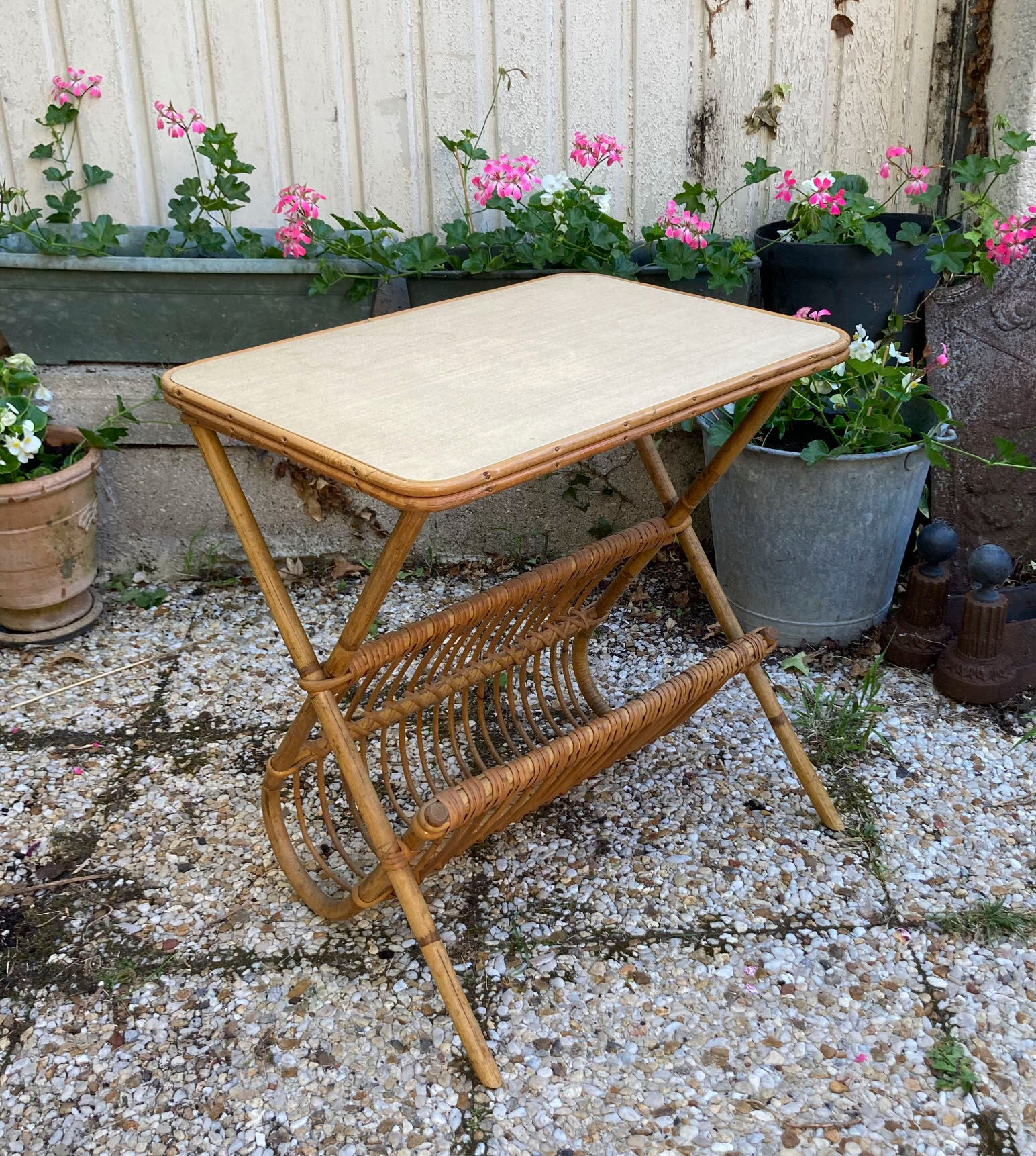 Vintage rattan magazine holder table