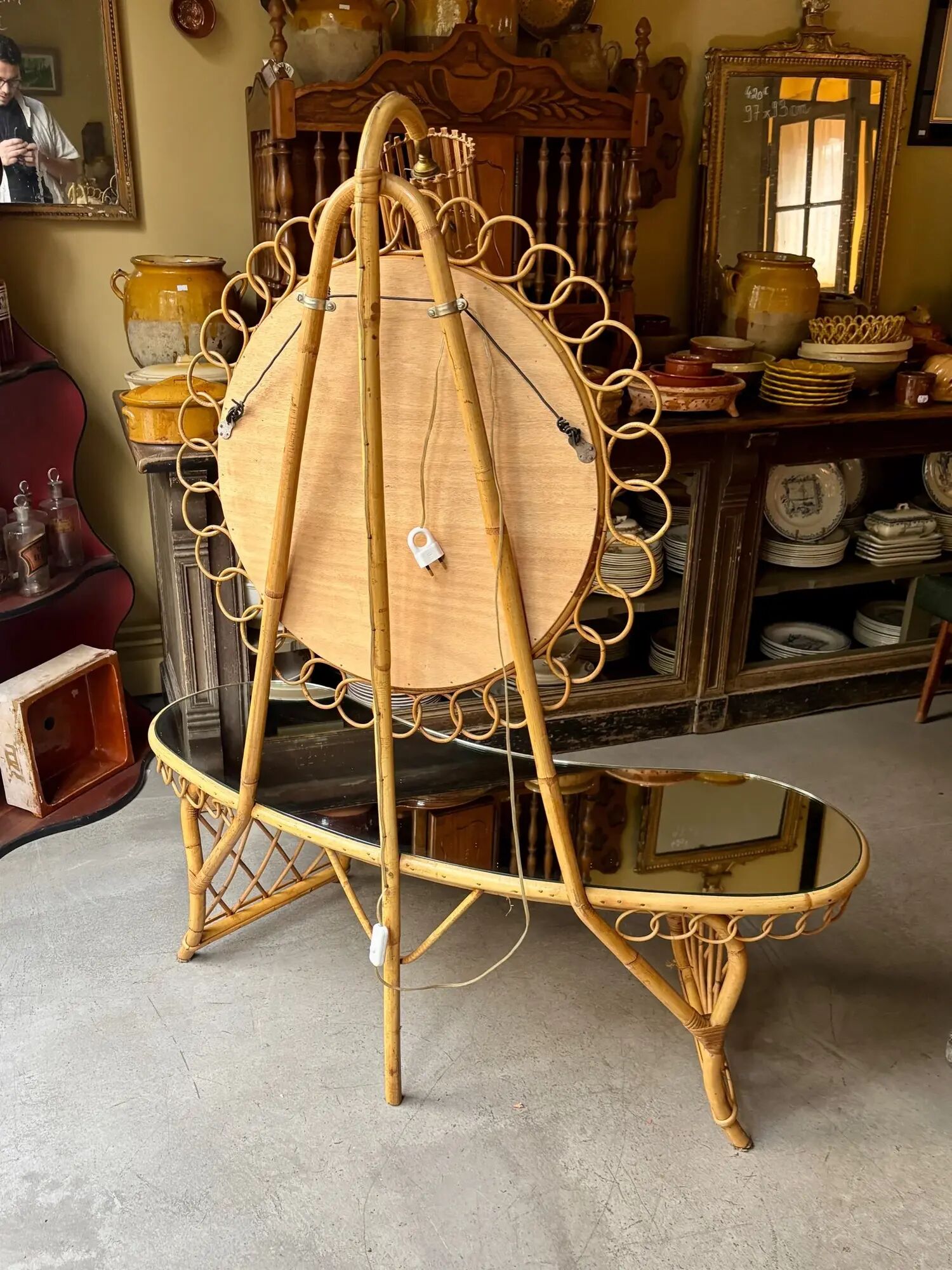 Bamboo, rattan and mirror dressing table with lighting in the style of Audoux-Minet, 1960s.