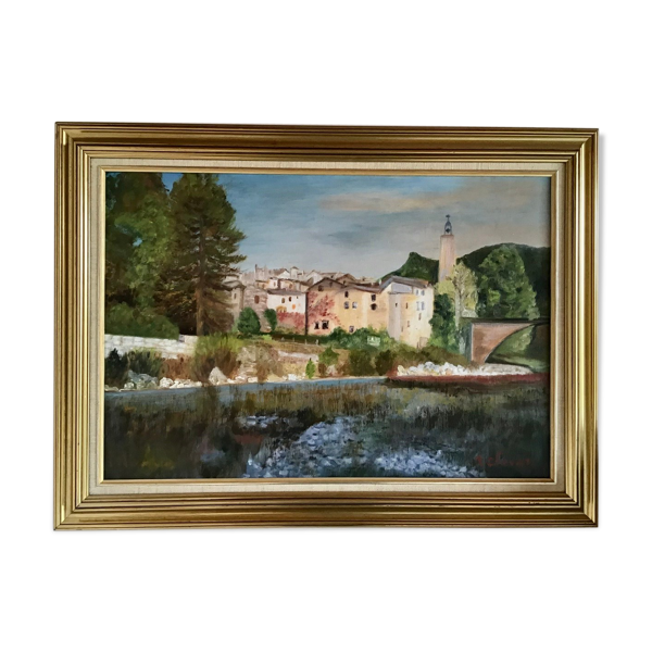 Tableau ancien paysage au bord de l’eau, signé XX siècle