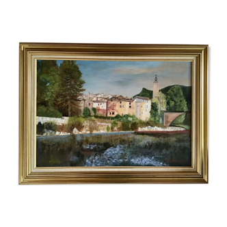 Ancient painting landscape at the water's edge, signed 20th century