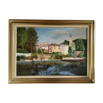 Antique painting of a waterfront landscape, signed 20th century