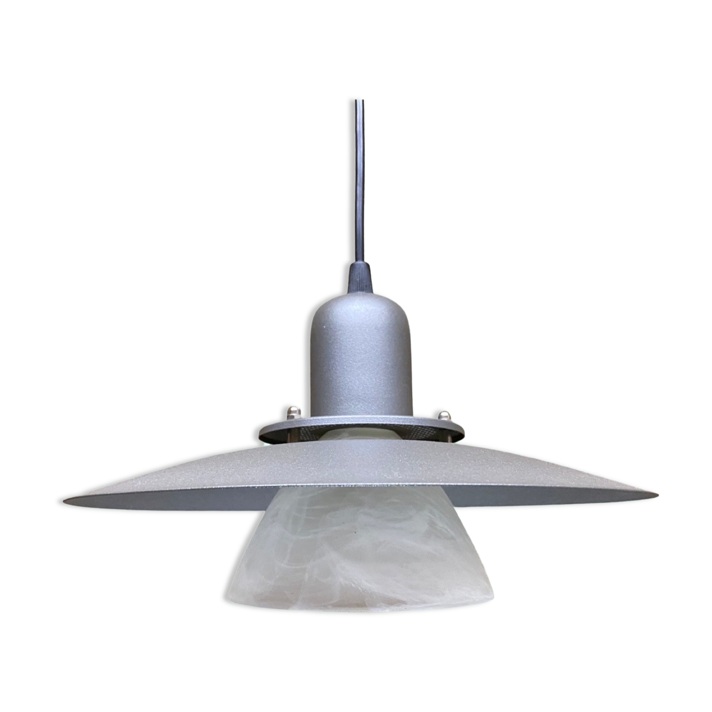 Vintage Metal/Glass Hanging Light | Mid-Century Grey Pendant Lamp With Glass Shade