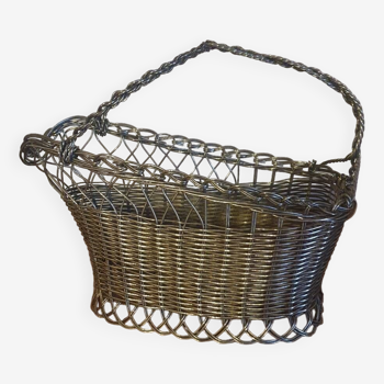 Bottle holder basket in woven silver metal vintage art deco style