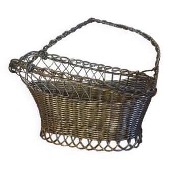 Bottle holder basket in woven silver metal vintage art deco style